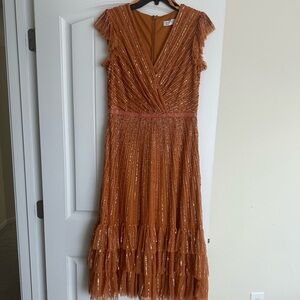 Mac Duggal SEQUINED WRAP OVER CAP SLEEVE RUFFLE HEM DRESS size 8